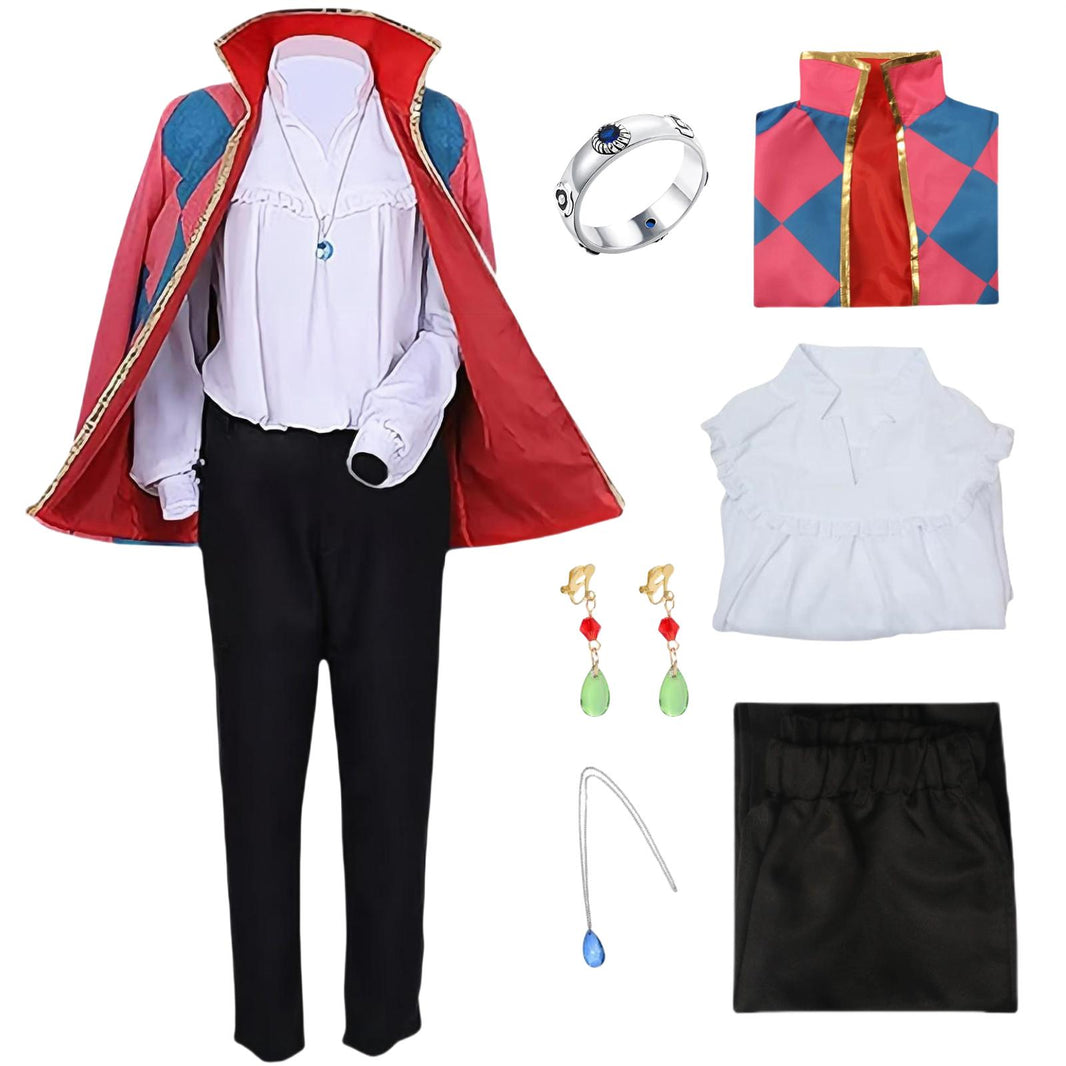 Costume de cosplay Le Château Ambulant avec collier et boucles d'oreilles Bague, ensemble de costume de cosplay Howl pour Halloween